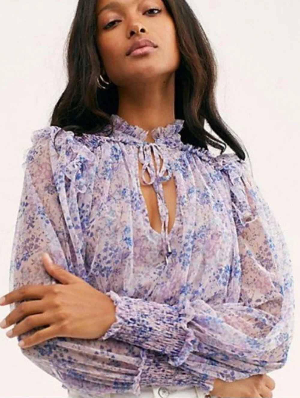 Free People Twyla Smocked Floral Lavender Ruffle Tie-Neck Blouse Womens Size XL